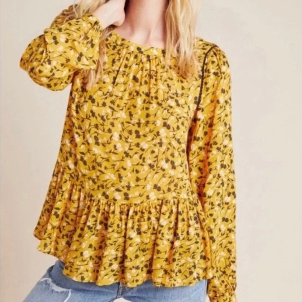 Maeve Anthropologie Yellow Floral Printed Peplum top size 1X